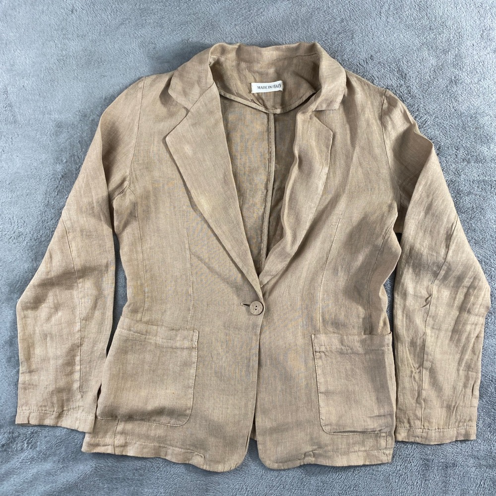 Linen Blazer Womens M Tan Single Button Patch Pocket Luxury Boho Made in Italy